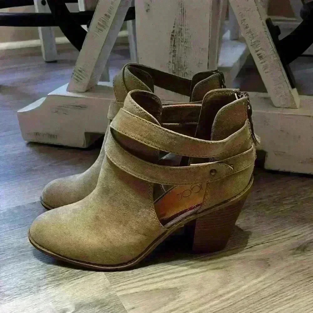 Sugar Lori Booties Strappy Stacked Heel Zipper Back Suede Feel Cloth
